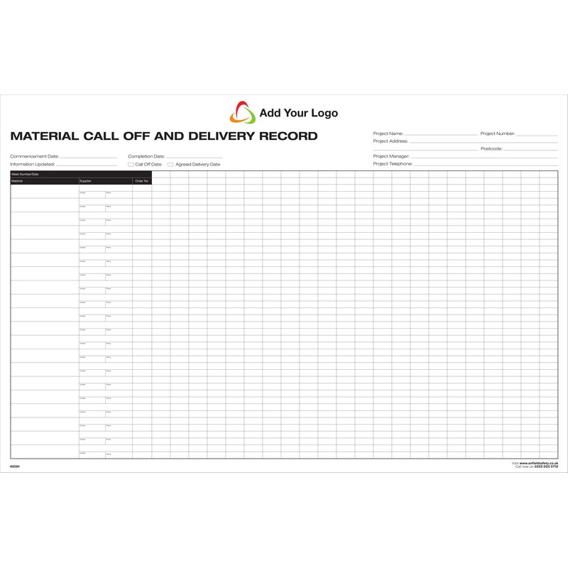1200 x 800 5mm ecoFOAM c/w DRYWIPE - MATERIAL CALL OFF DELIVERY RECORD Board