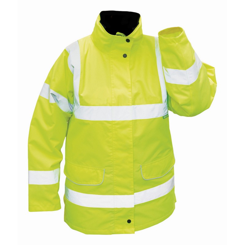 Ladies Quilt Lined Waterproof Hivisibilty Class 3 Jacket c/w Stormflap and Concealed Hood Yellow XXL