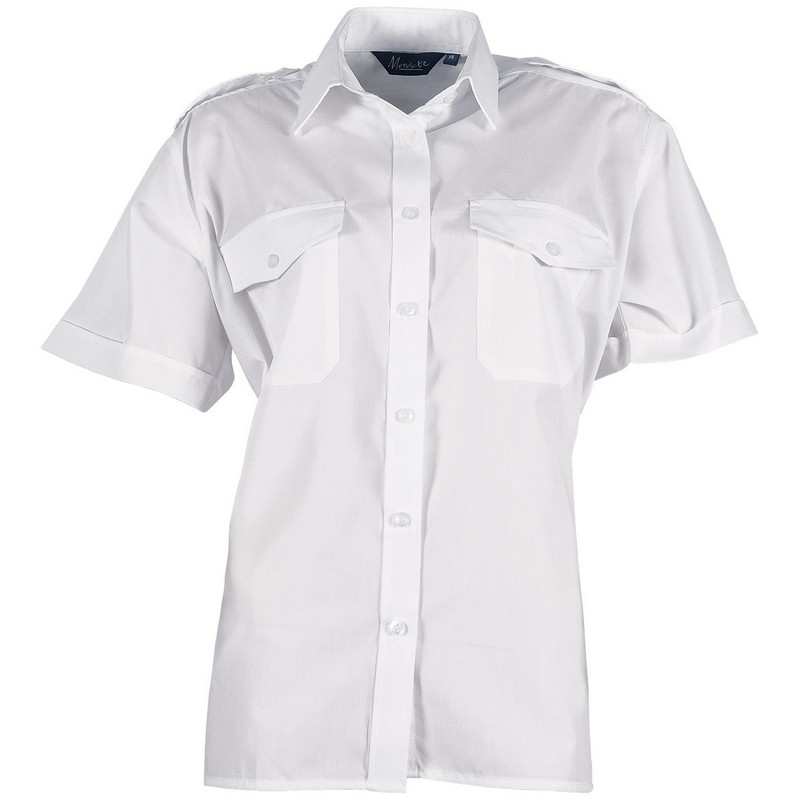 Ladies Polycotton Short Sleeve Pilot Shirts with epaulettes White 12