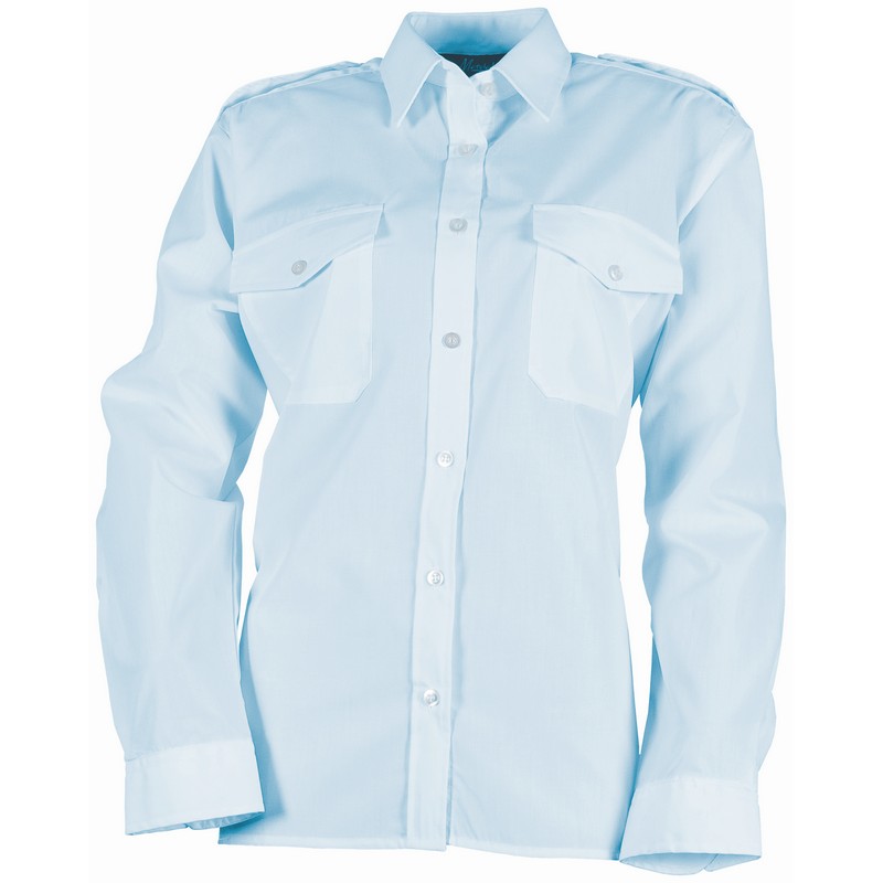 Ladies Polycotton Long Sleeve Pilot Shirts with epaulettes Light Blue 10