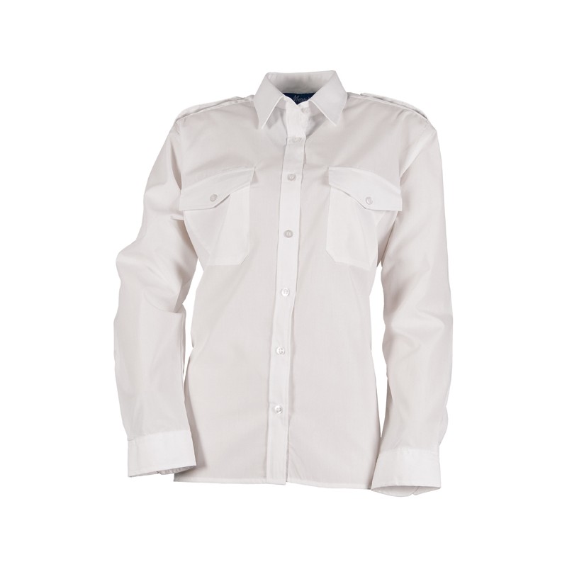 Ladies Polycotton Long Sleeve Pilot Shirts with epaulettes White 08