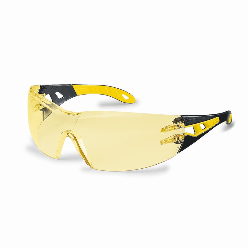 UVEX Pheos Safety Spectacles, amber lens, black/yellow regular frame