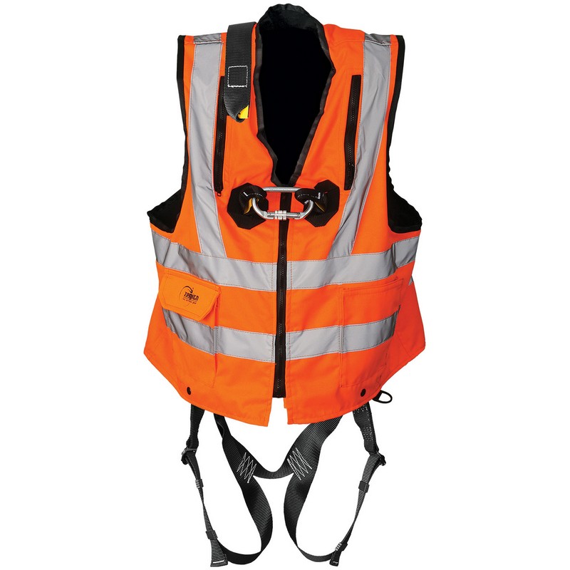 Orange Multi Pocket Hi Vis Vest With Elasticated Harness & Karabiner