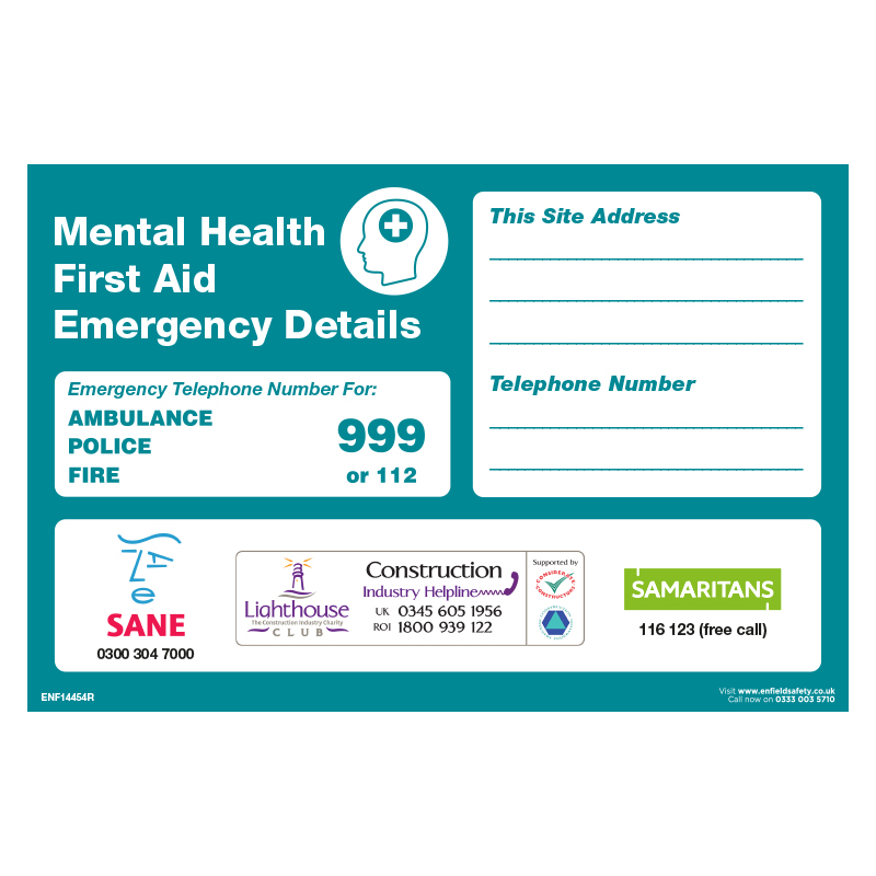 300 x 200mm 3mm Foamex - VARIOUS on WHITE - MENTAL HEALTH FIRST AID EMERGENCY DETAILS