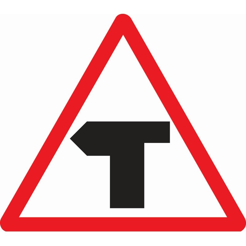 T-junction ahead (Main route to left) 600mm Reflective, Class Ref 2, Aluminium Channelled