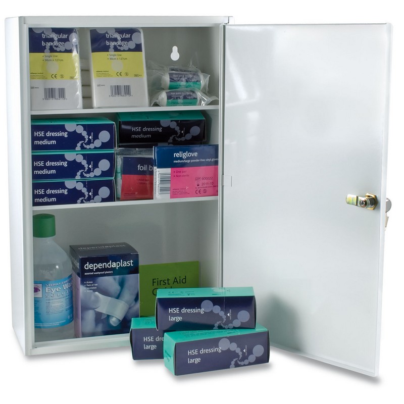 *25-Person BSI First Aid Kit  (2011 version) in White Lockable Medicine Cabinet. (J8887+ 2x J8052)