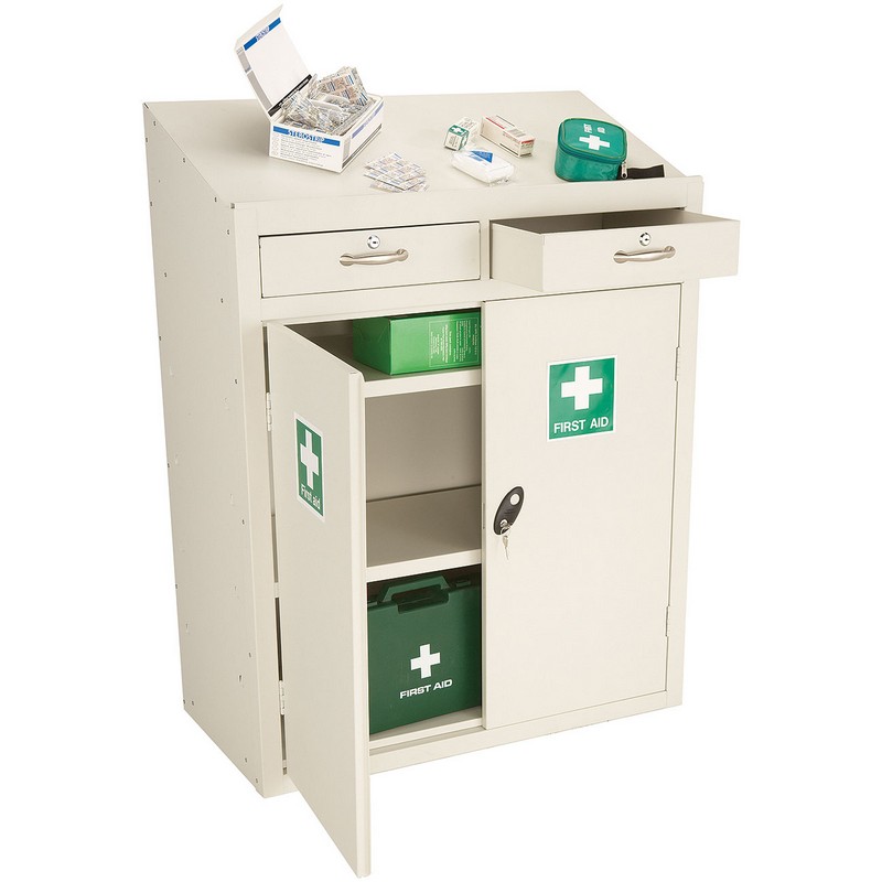 White metal Lockable First Aid Work Station. 1015 X 915 X 460mm.