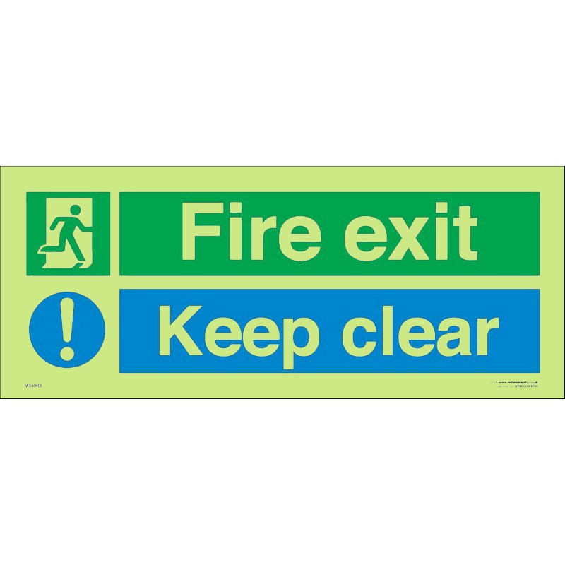 Fire Exit Keep Clear (Photolum) 380mm x 150mm rigid self-adhesive sign