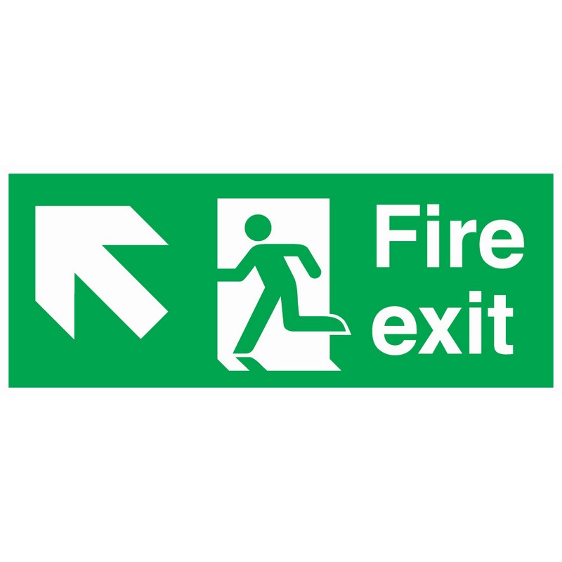Fire Exit Diagonal Left Up 380mm x 150mm Rigid Self-Adhesive sign