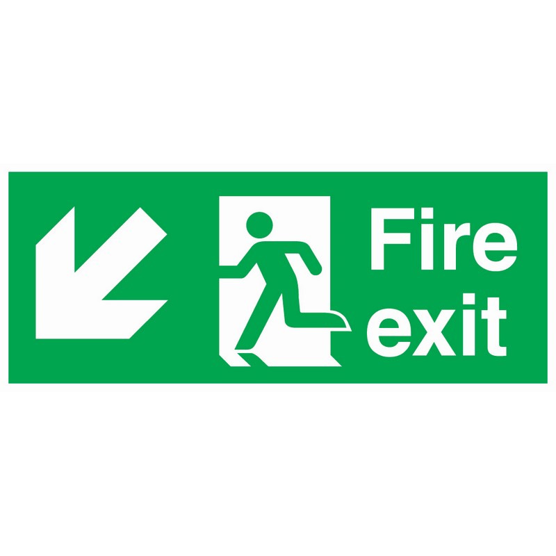 Fire Exit Diagonal Left Down 380mm x 150mm Rigid Self-Adhesive sign