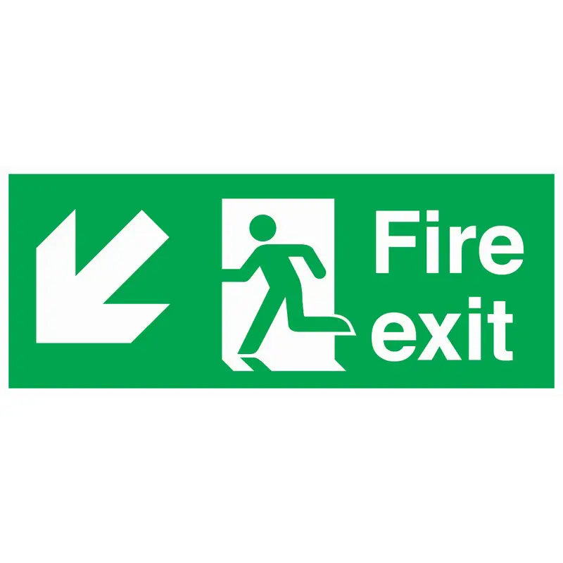 Fire Exit Diag Left Down 380X 150mm Rigid Adhesive