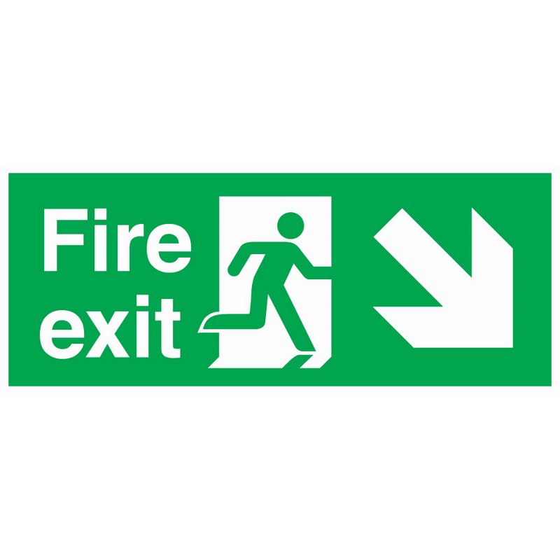 Fire Exit Diagonal Right Down 380mm x 150mm Rigid Self-Adhesive sign
