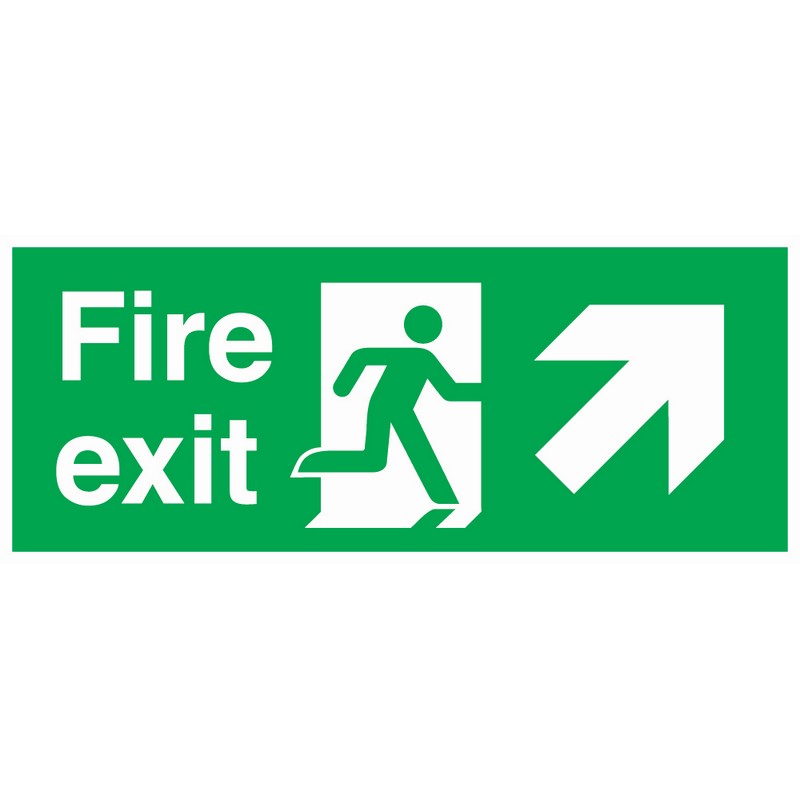 Fire Exit Diagonal Right Up 380mm x 150mm Rigid Self-Adhesive sign