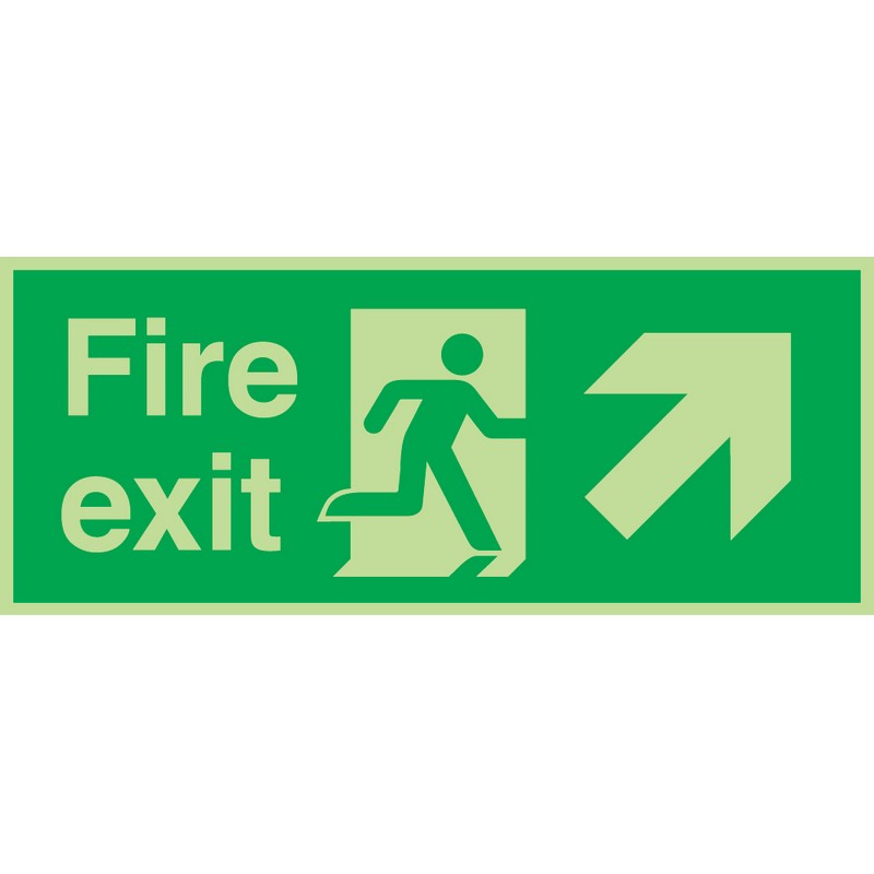 Fire Exit Diagonal Right Up (Photolum) 380mm x 150mm Rigid Self-Adhesive sign