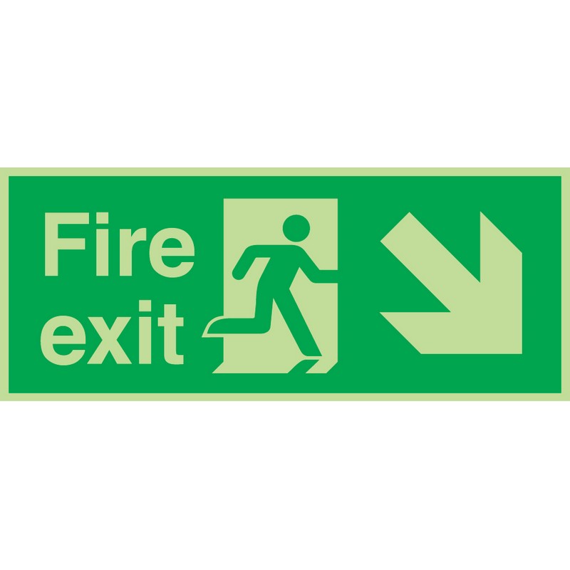 Fire Exit Diagonal Right Down (Photolum) 380mm x 150mm Rigid Self-Adhesive sign