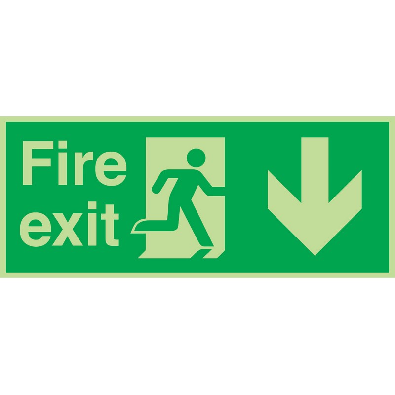 Fire Exit Down (Photolum) 380mm x 150mm Rigid Self-Adhesive sign