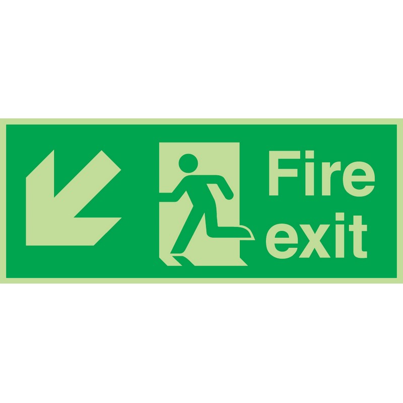 Fire Exit Diagonal Left Down (Photolum) 380mm x 150mm Rigid Self-Adhesive
