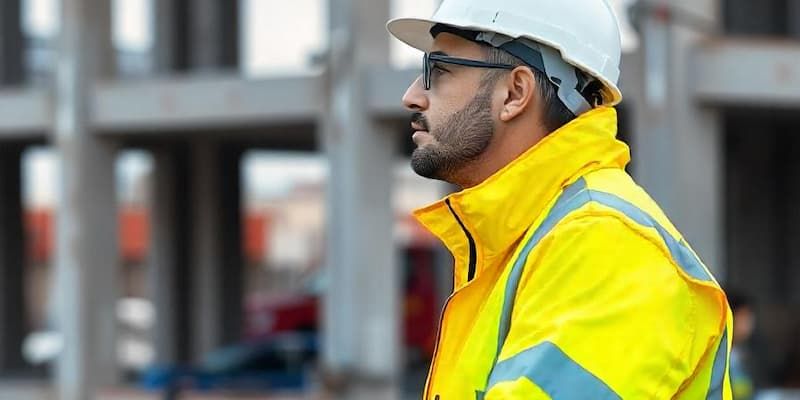 Builder wearing hi-visibility workwear on site