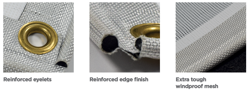 Gold reinforced circular eyelet with grey reinforced edge finish in extra tough windproof mesh
