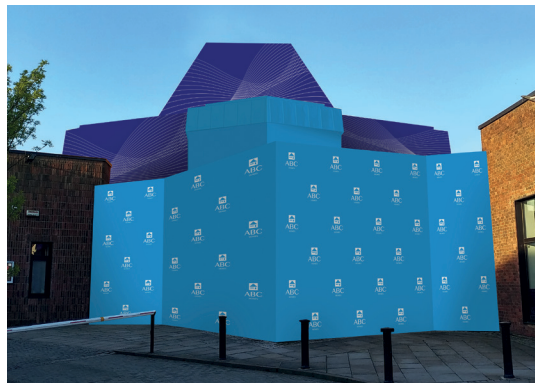Building with blue full wrap example displayed